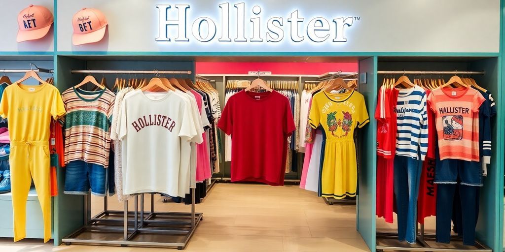 Hollister clothing displayed in a bright store setting.