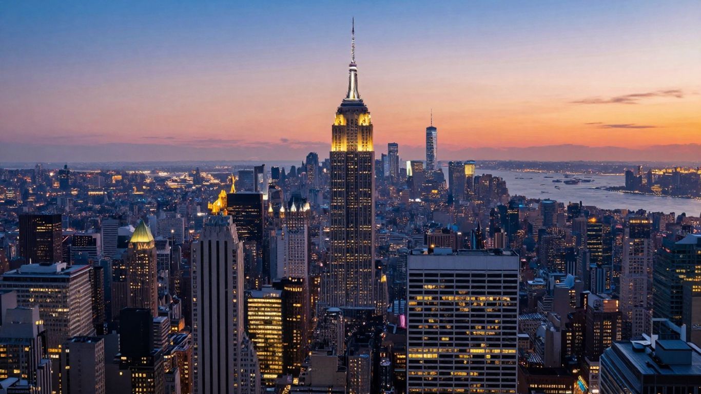 New York City skyline at dusk with illuminated skyscrapers.