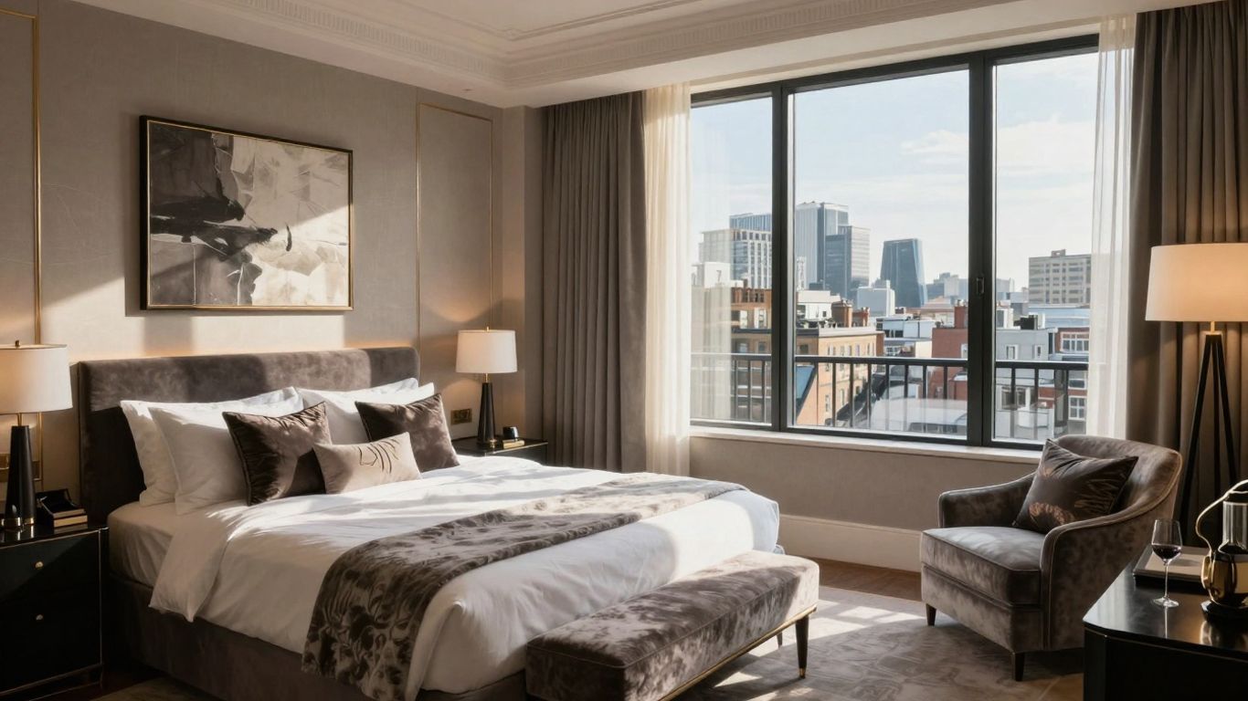 Luxury hotel suite with London skyline view.