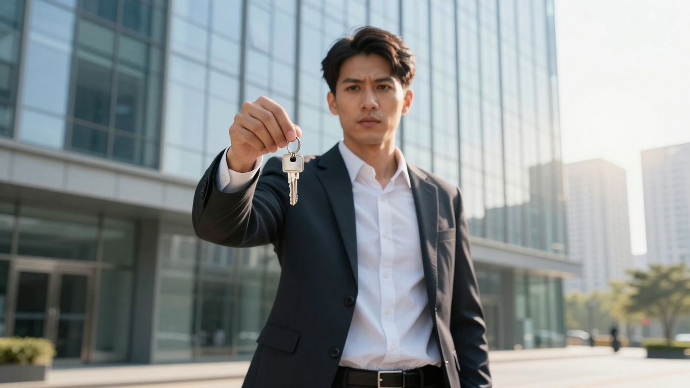 Person holding keys in front of office building.
