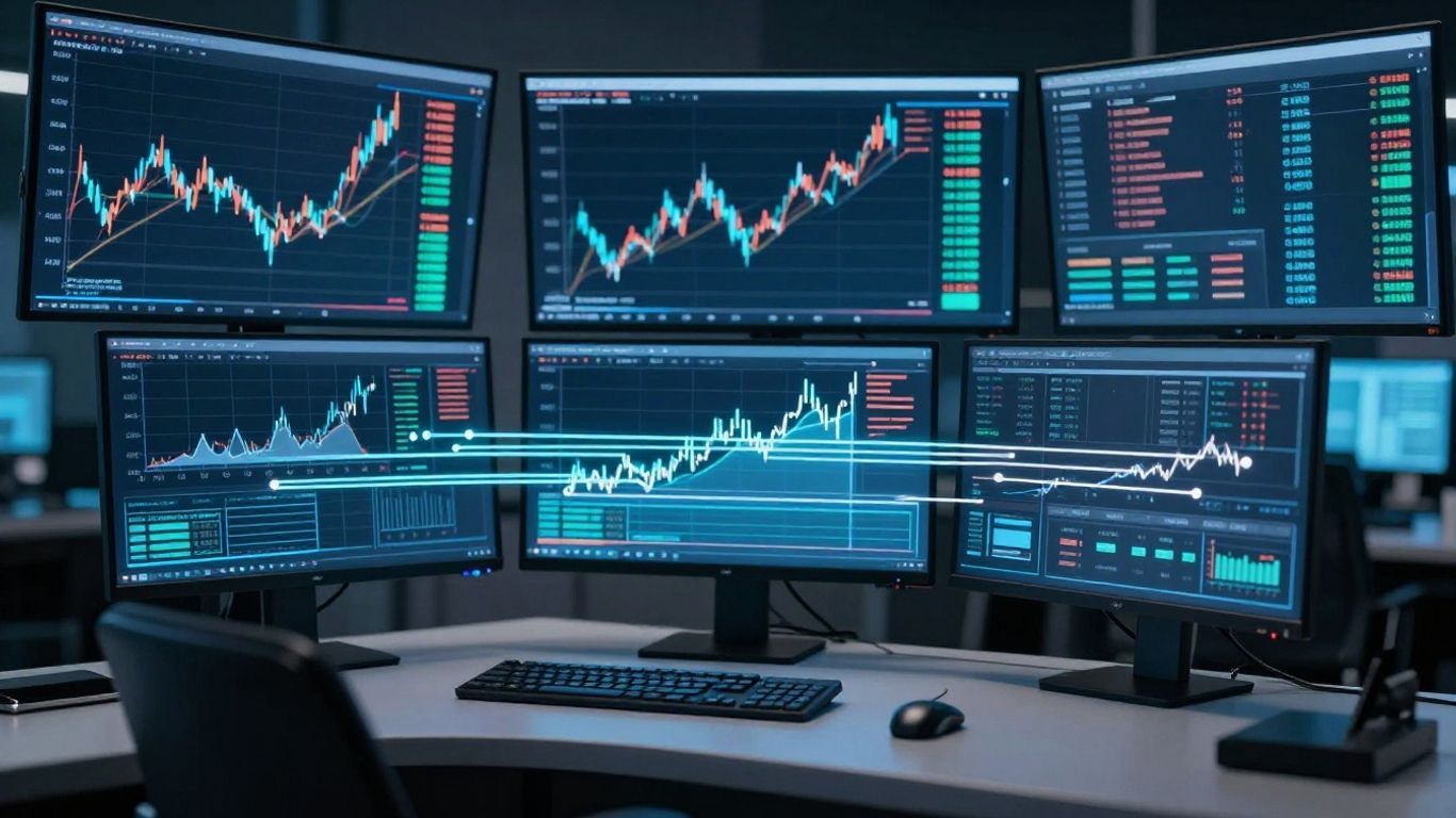 Automated trading desk with glowing data streams.