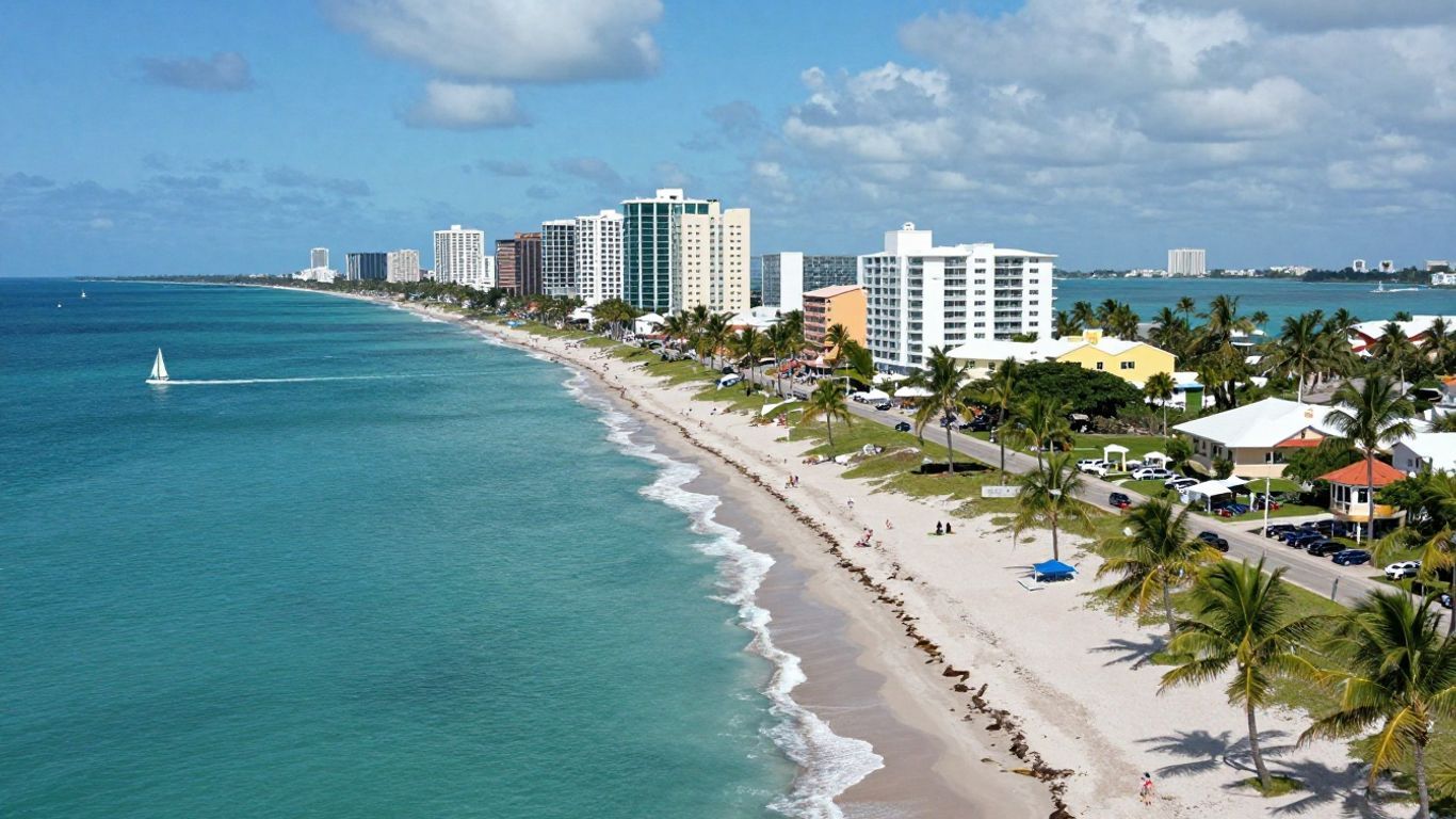 Florida coastline with beaches, ocean, and city skyline.