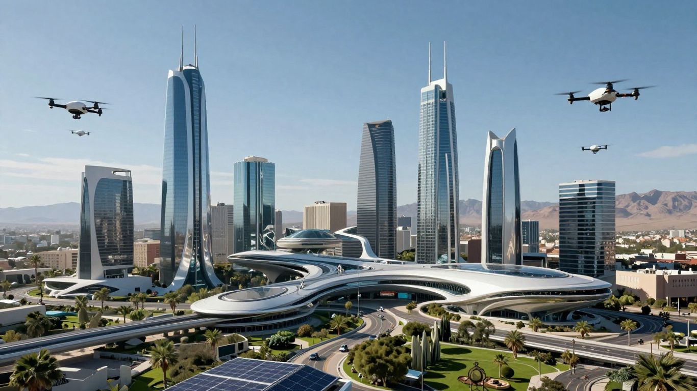 Futuristic smart city in Arizona with drones and green spaces.