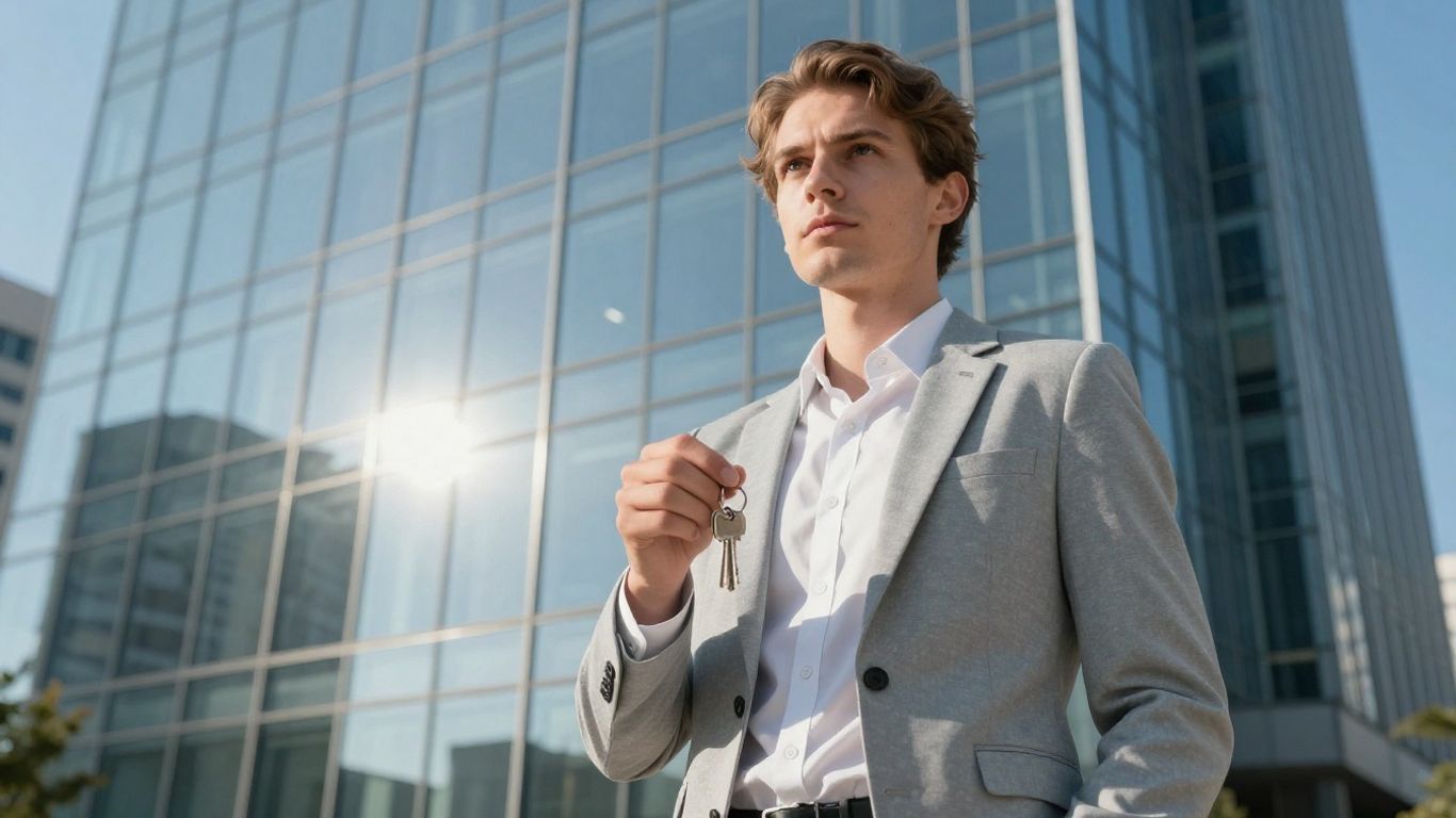 Person holding keys in front of office building.