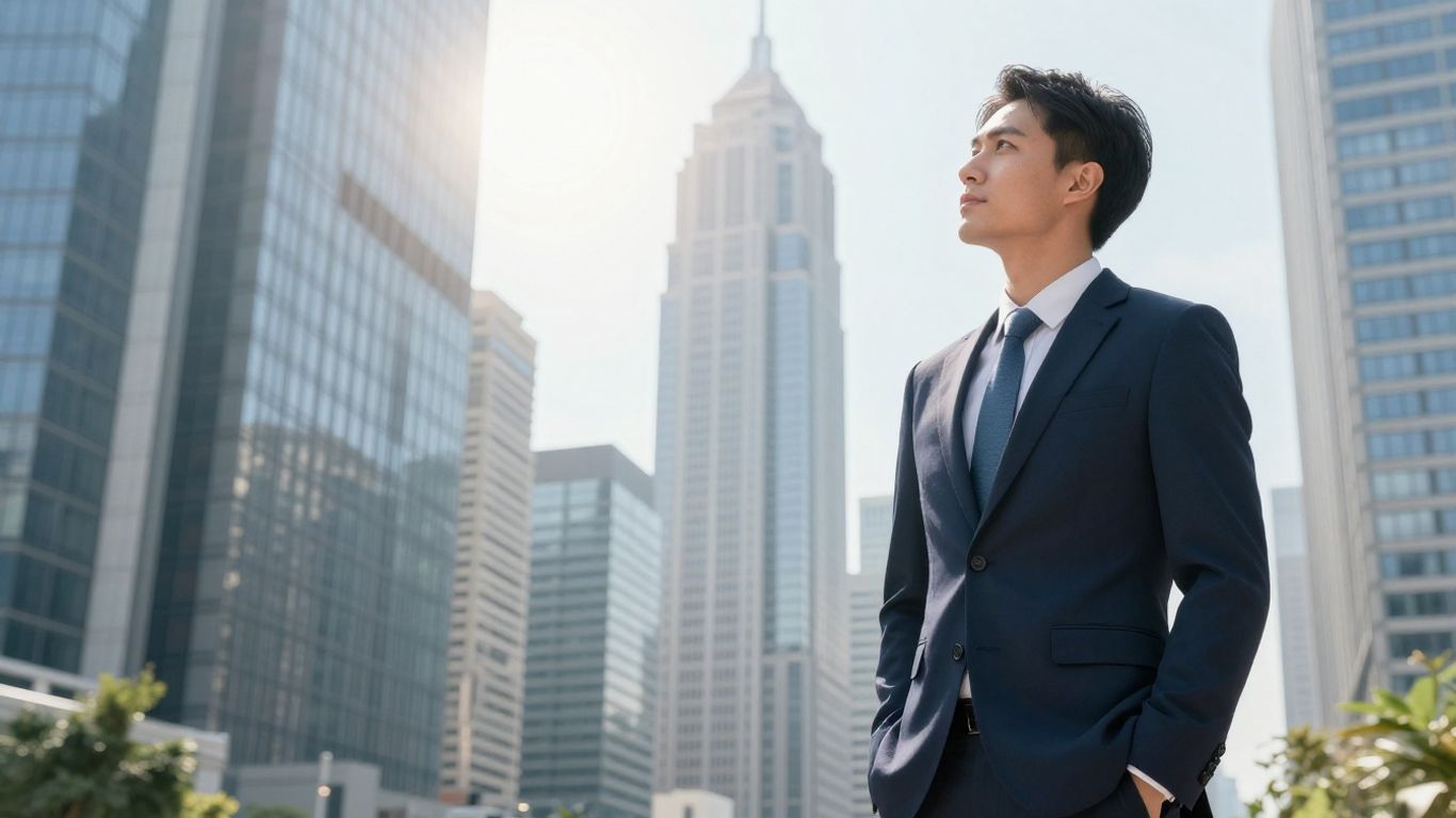 Stockbroker looking at city skyline