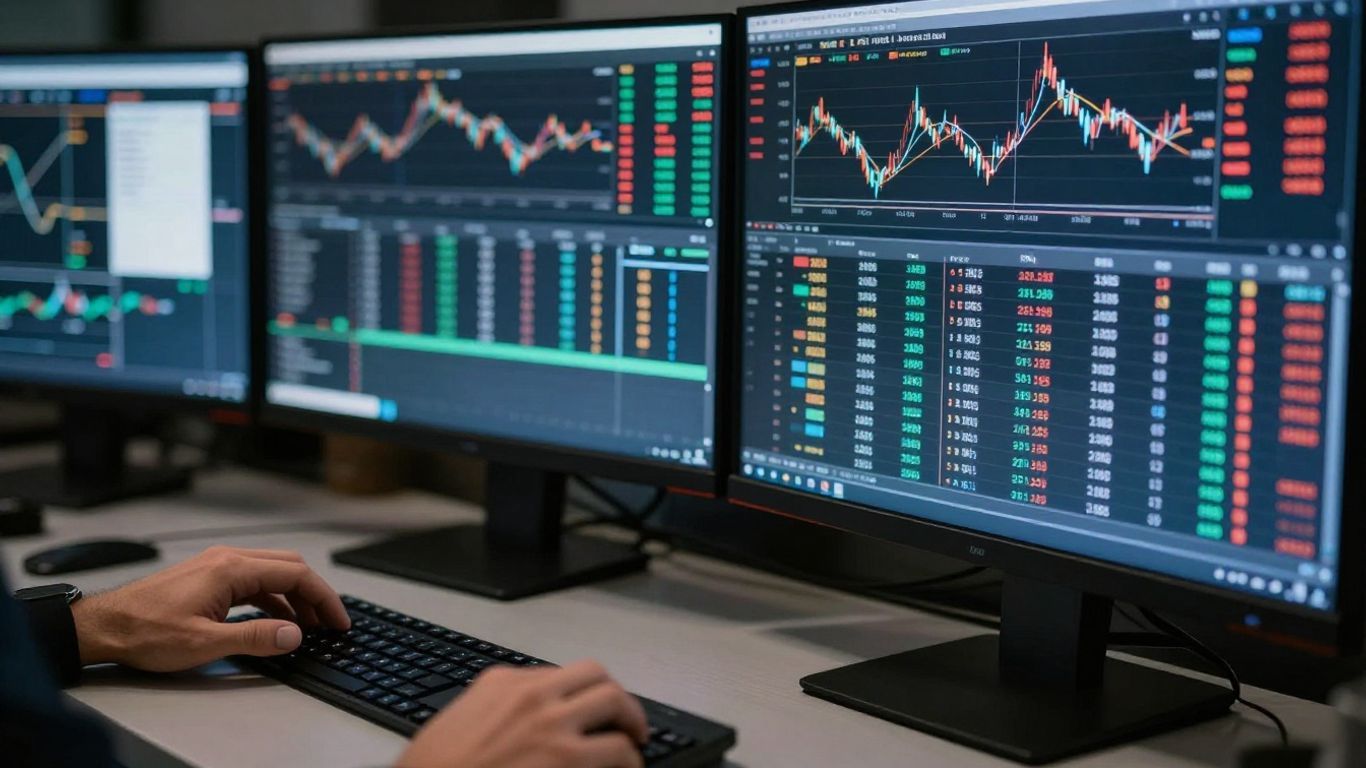 Trading desk with monitors and a hand on keyboard.