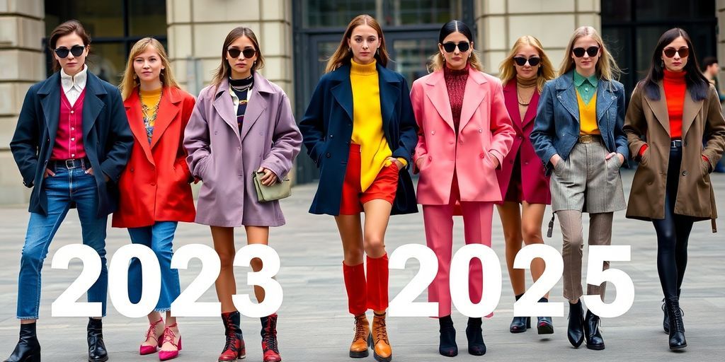 Stylish models in trendy outfits against urban backdrop.
