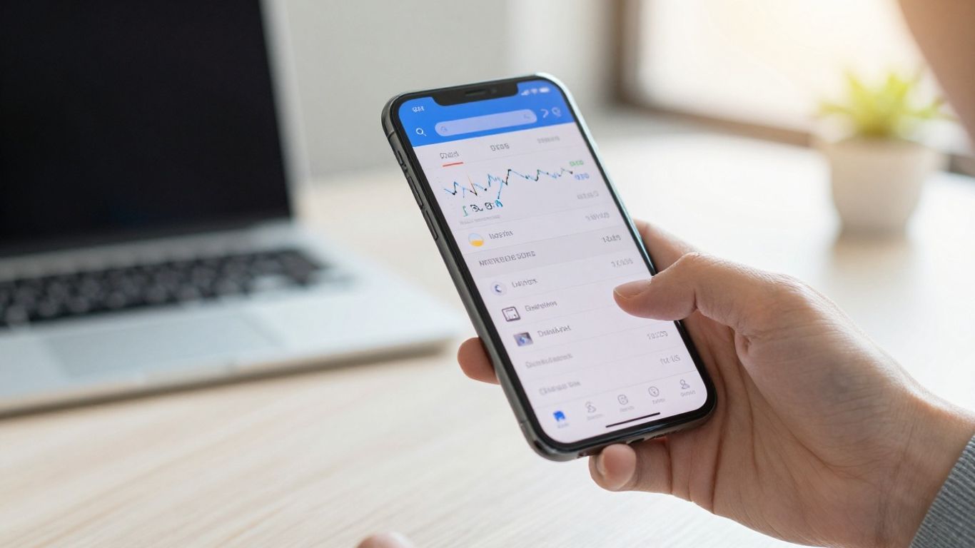 Hand holding smartphone with financial app