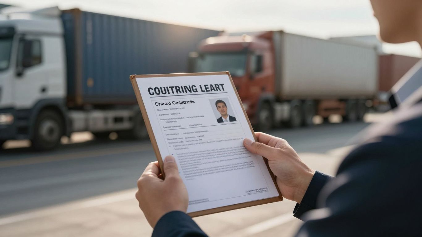 Freight broker license document with trucks in background.