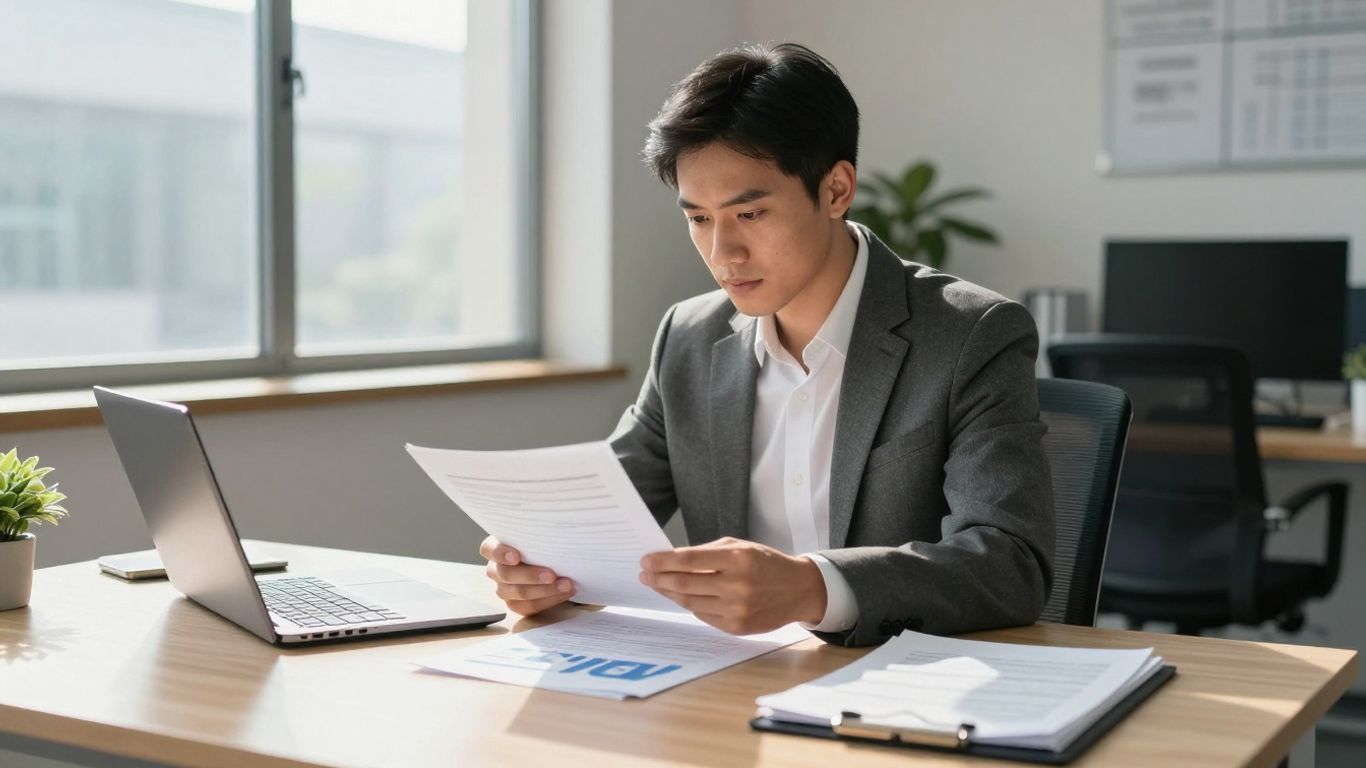 Insurance broker working in a modern office.