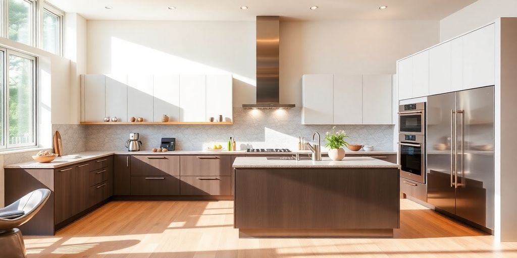 Modern kitchen with multifunctional layout and bright lighting.