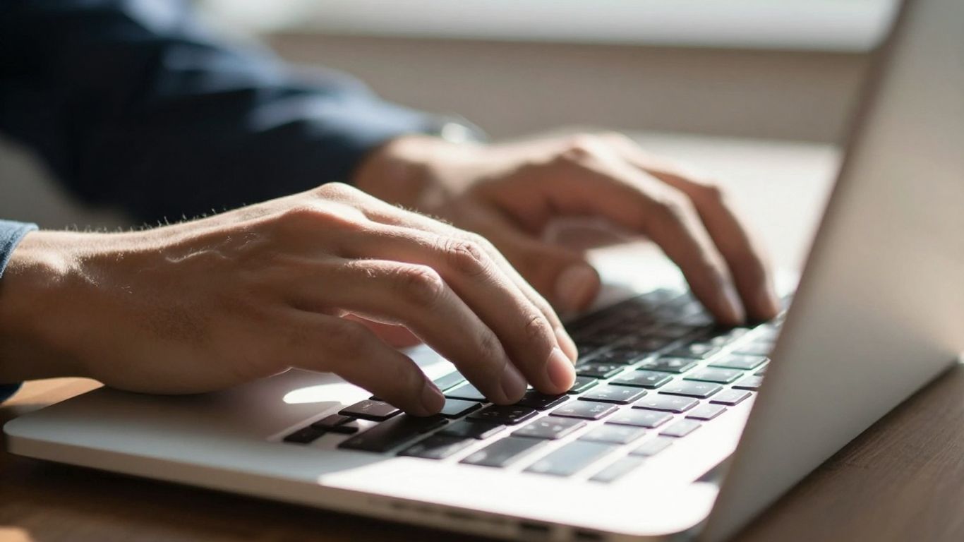 Hands trading on a laptop keyboard