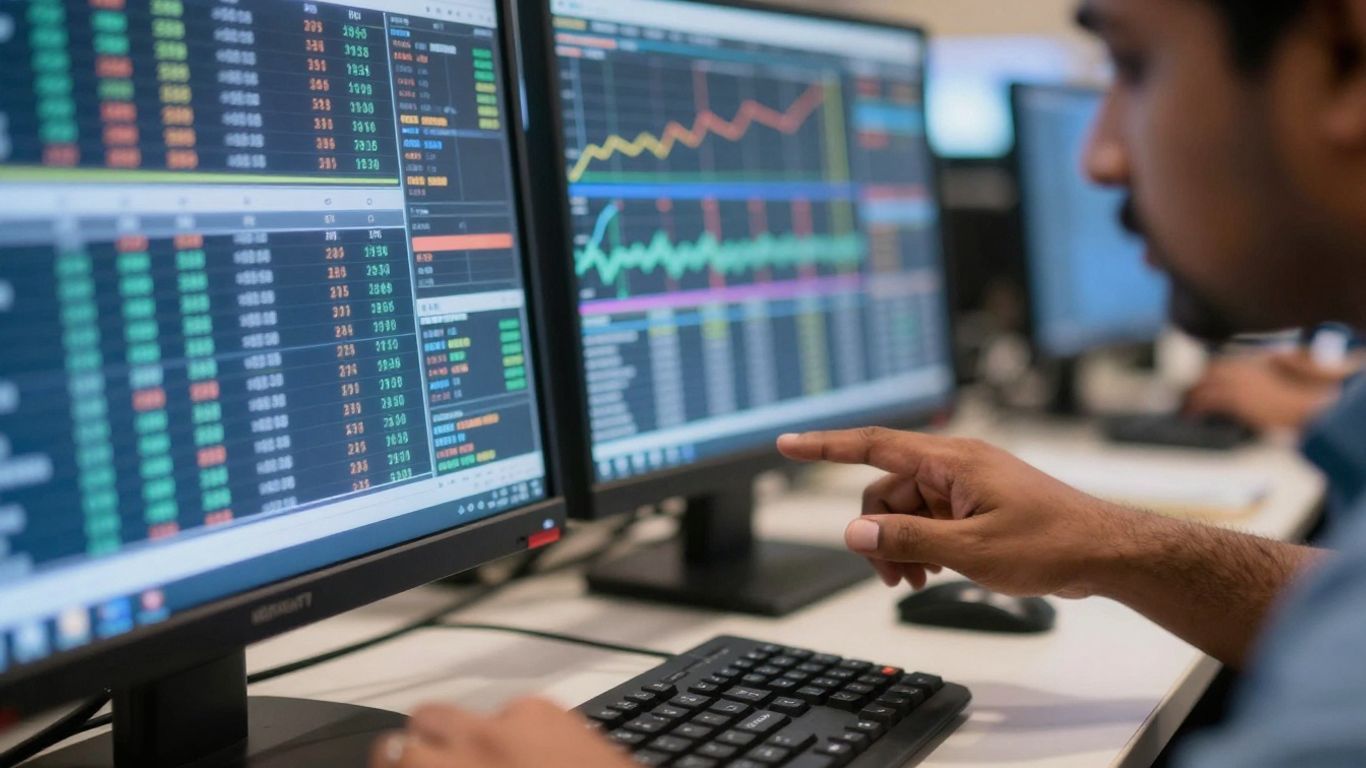 Person trading stocks on a computer screen.