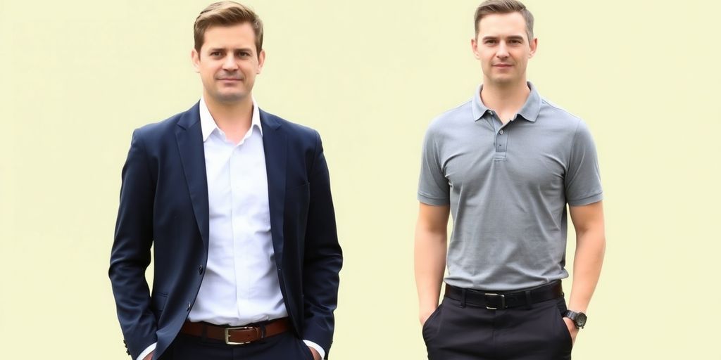 Two professionals side-by-side: one in business attire, another in casual clothes.