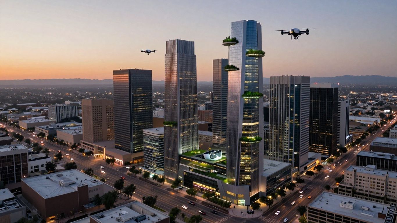 Futuristic city skyline with drones and autonomous vehicles.