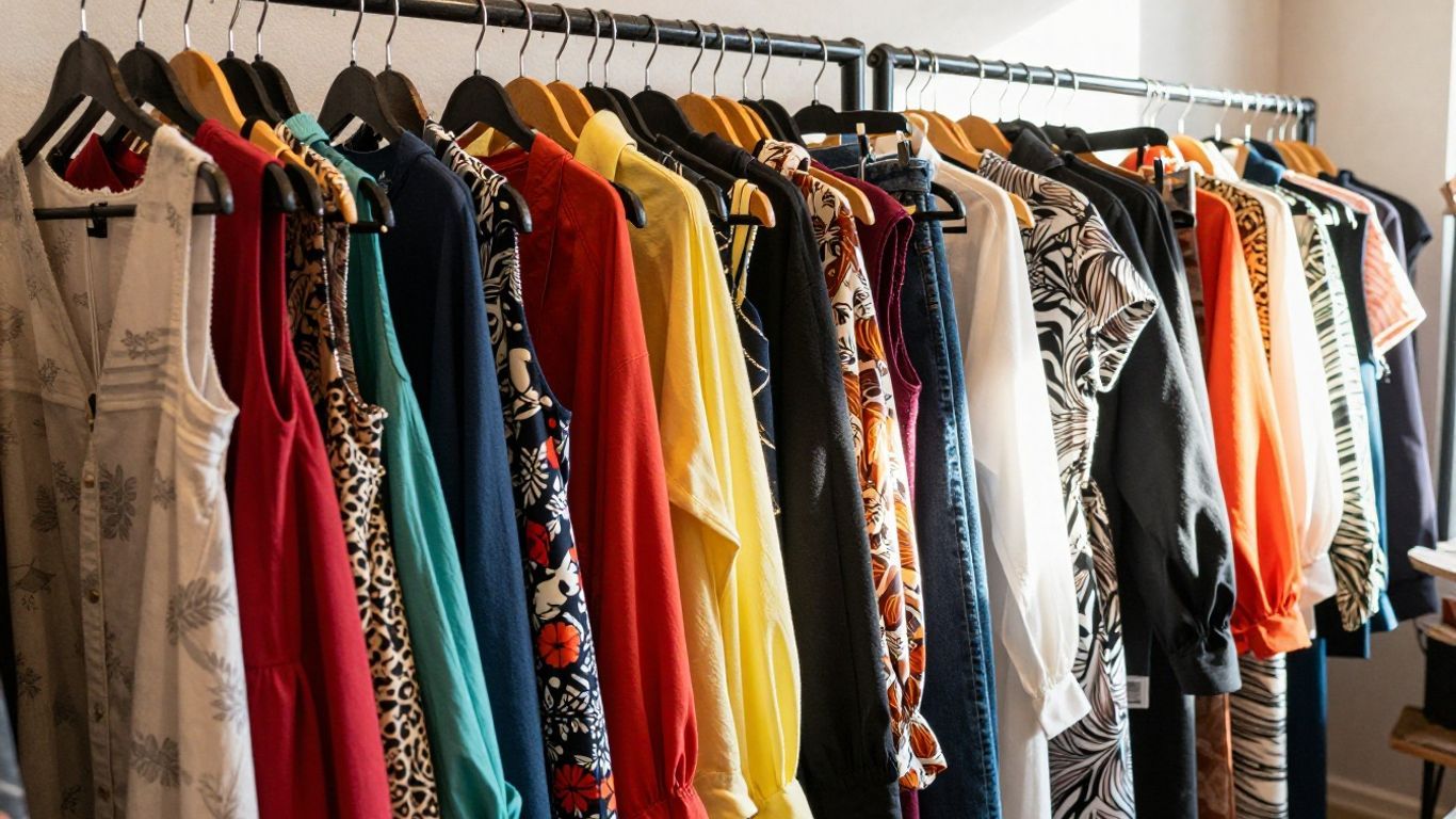 Colorful clothing racks at a fashion boutique.