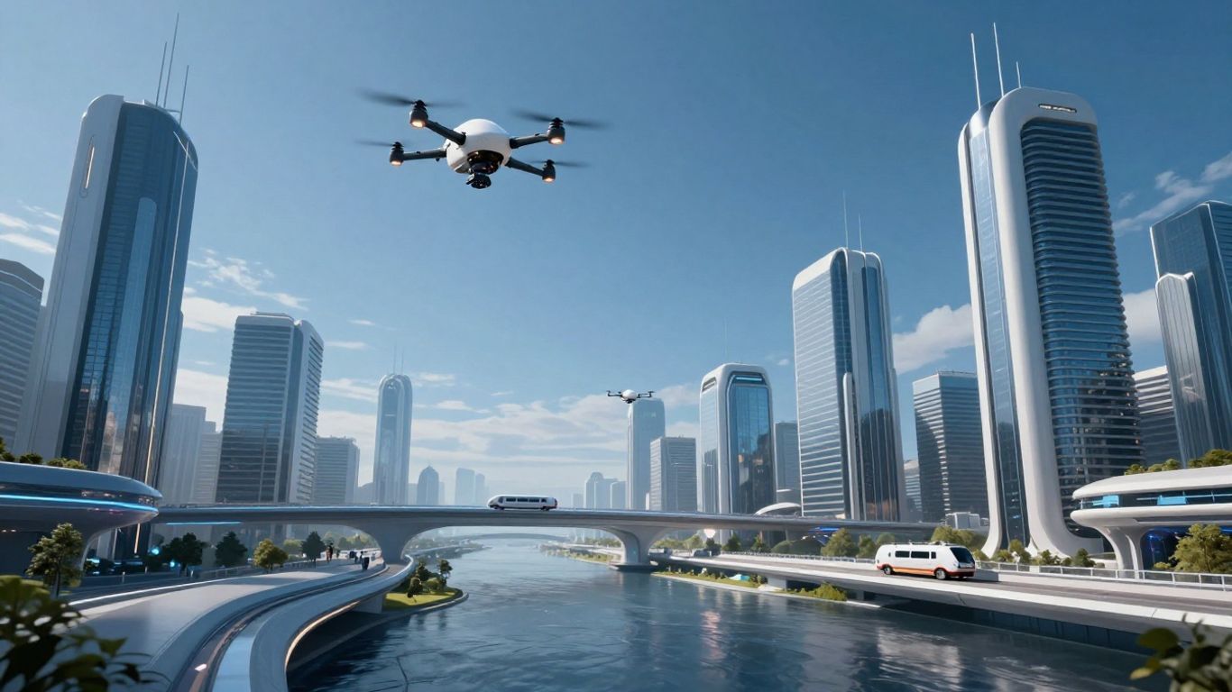 Futuristic smart city skyline with drones and advanced transport.