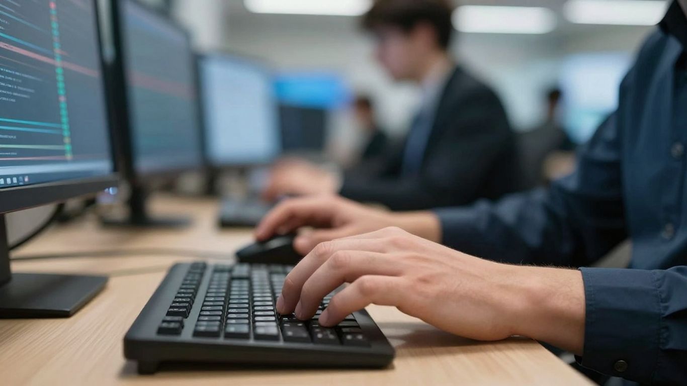 Trader's hands working on a computer during a day trade.