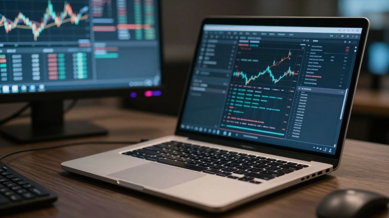 Trading desk with abstract financial patterns on screen.