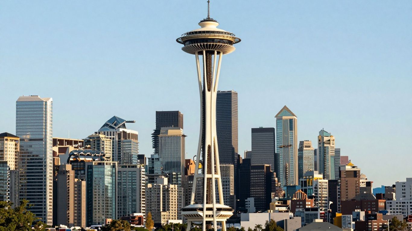Washington state skyline with legal document elements.