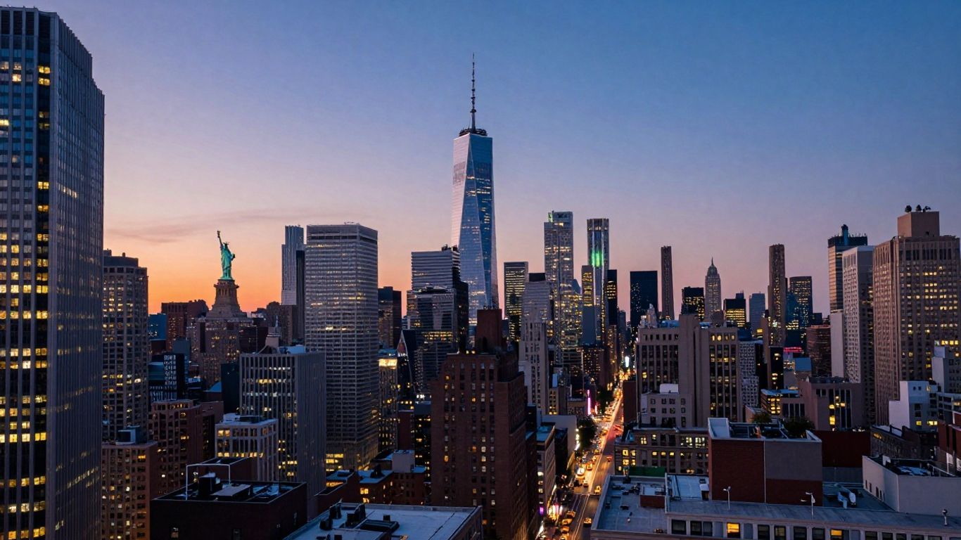 New York City skyline at dusk with Statue of Liberty.