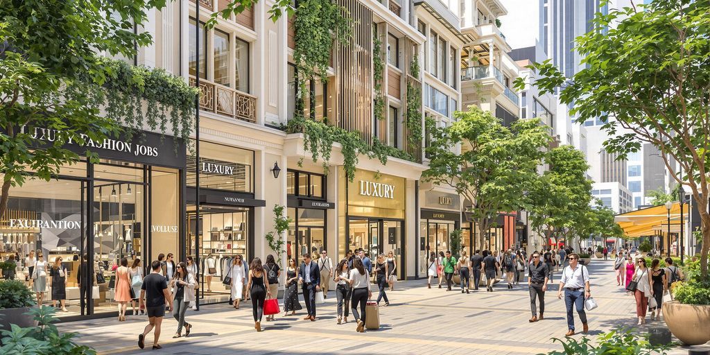 Fashion district with luxury boutiques and stylish shoppers.