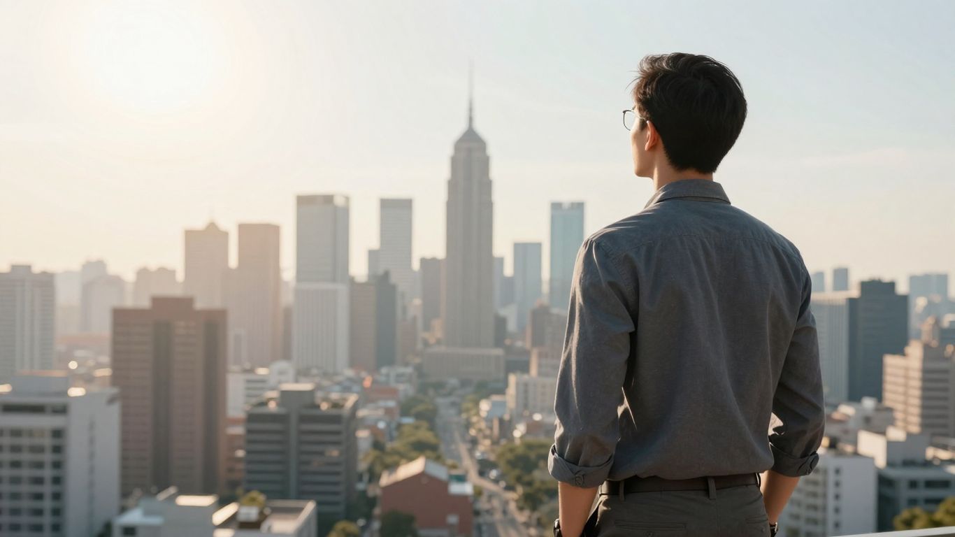 Person looking at financial city skyline path