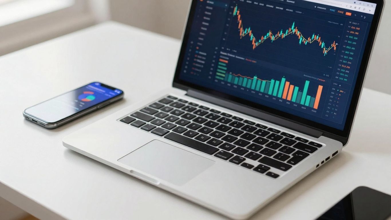 Webull app interface on a laptop and smartphone.