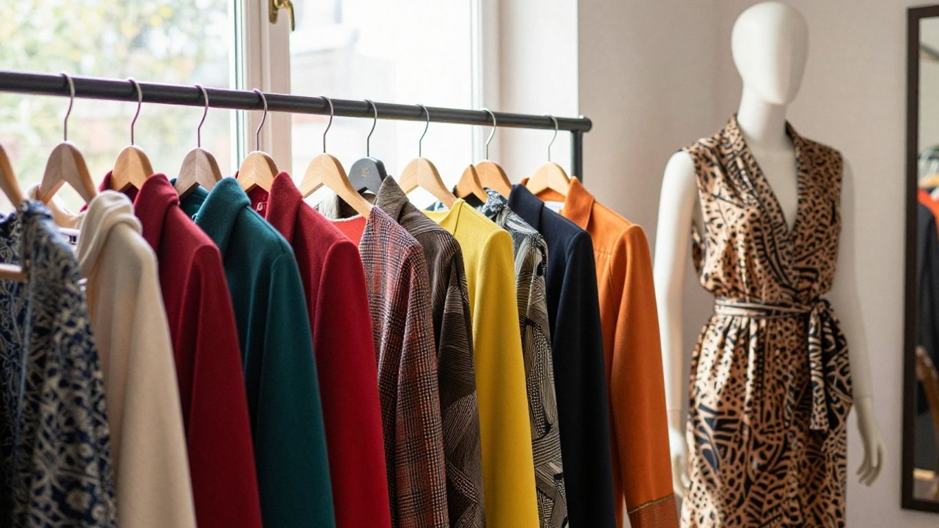 Colorful clothing racks and a mannequin at Crossroads Trading Company.