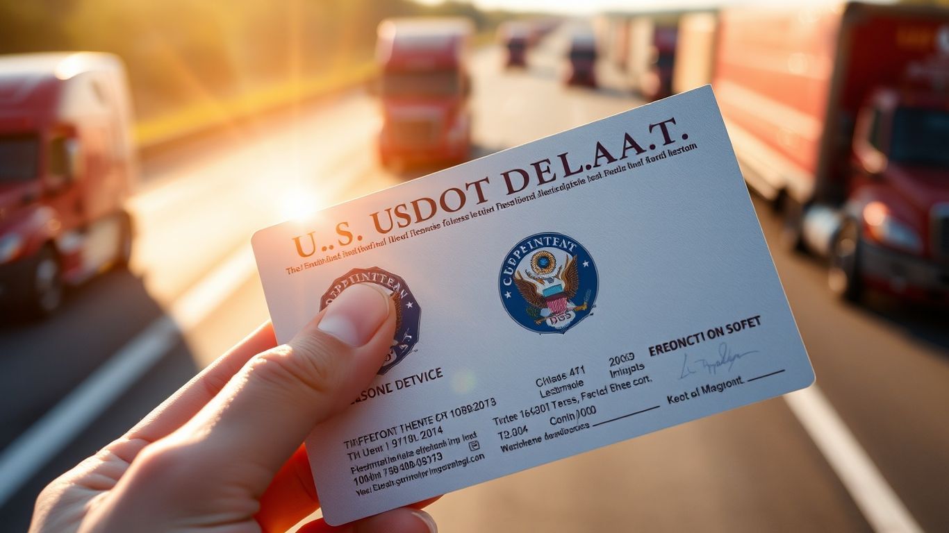 Freight broker license with trucks on highway background.