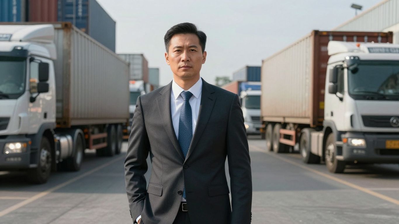 Freight broker career growth with trucks and shipping containers.