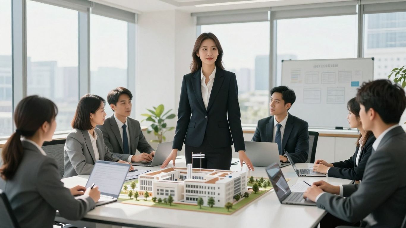Real estate brokers working in a modern office environment.