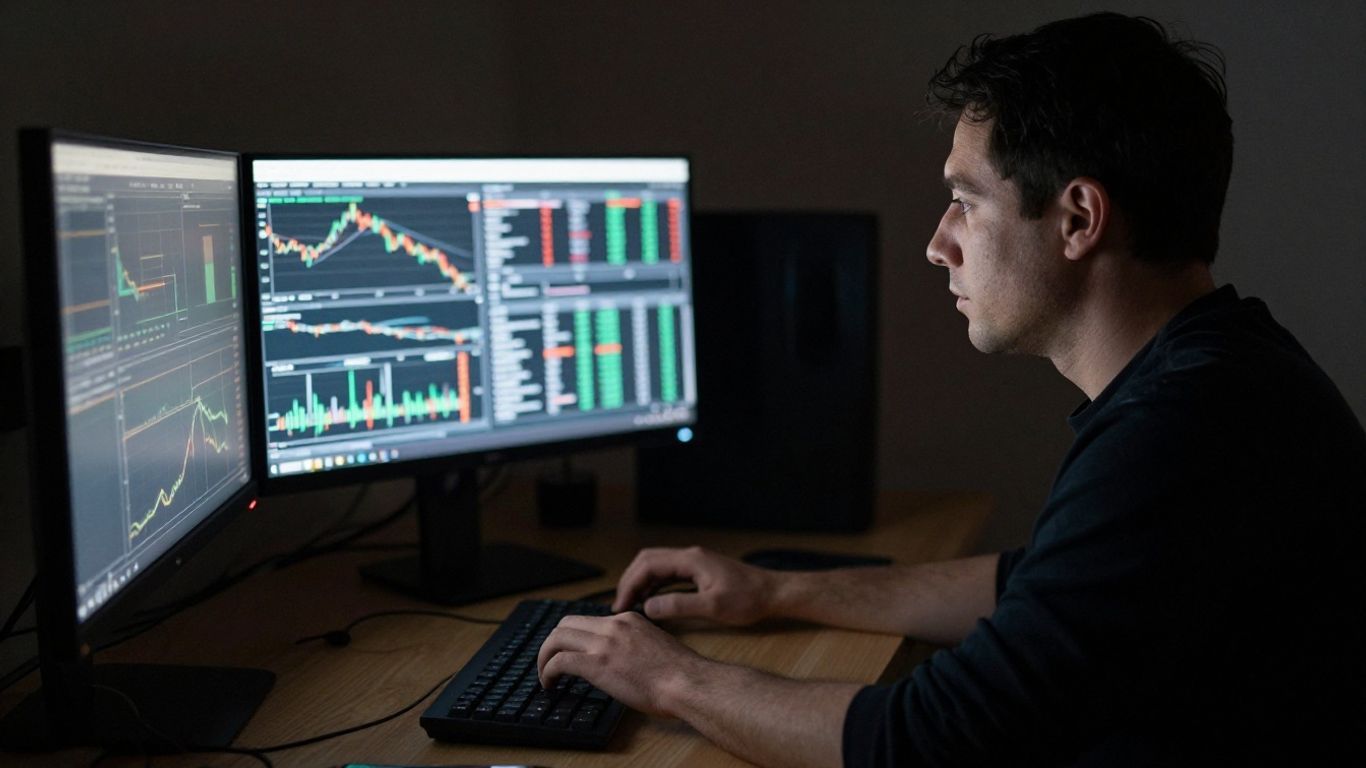 Person at desk with multiple computer monitors displaying financial data.