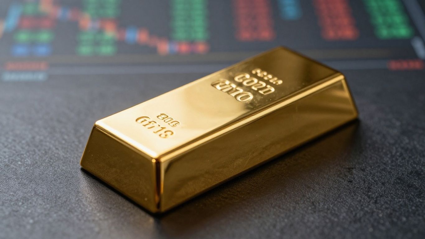 Gold bar on dark surface, abstract financial background.