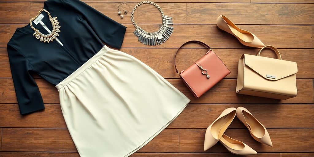 Trendy outfit with elegant accessories on a wooden surface.