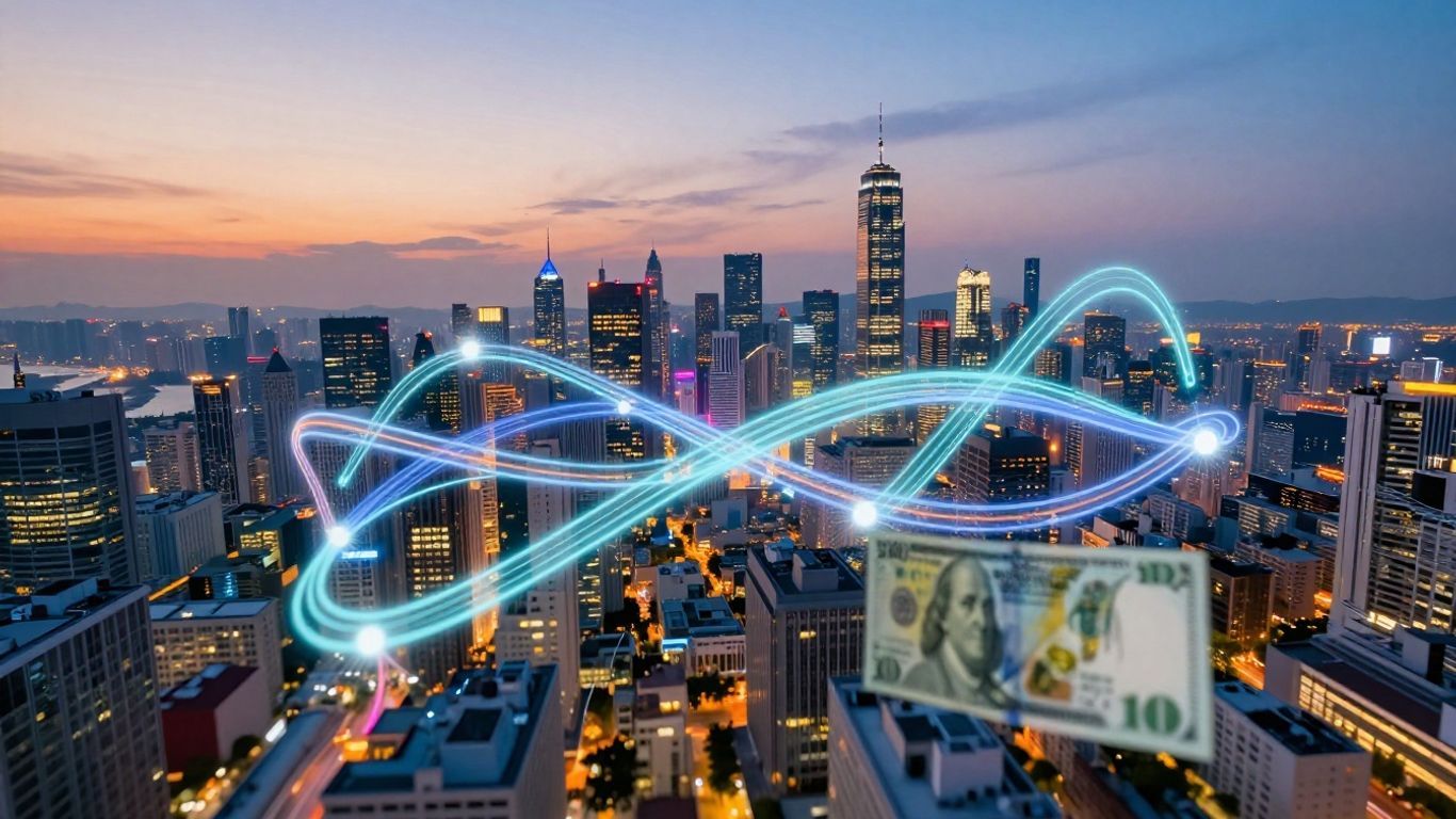 Global financial hubs connected by glowing lines at dusk.