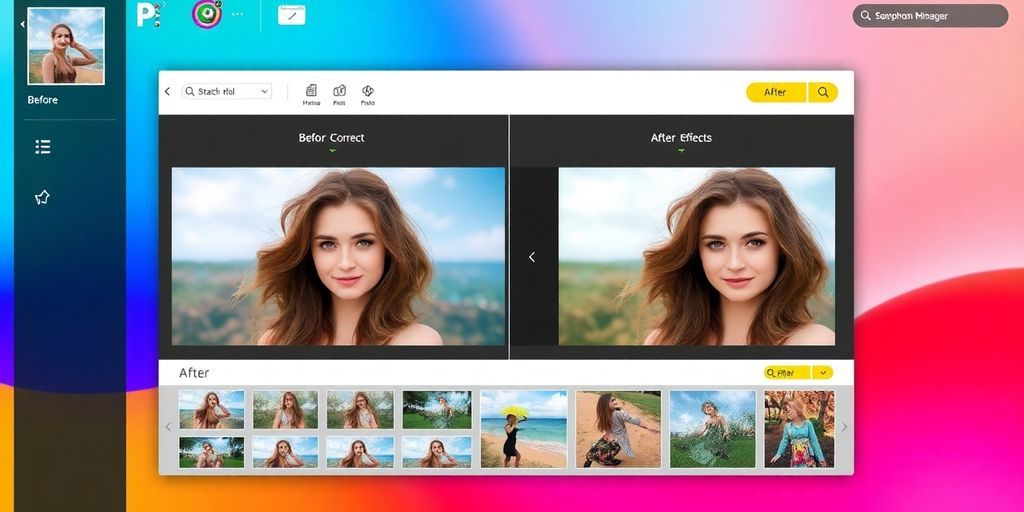 Colorful photo editing interface with enhanced images displayed.
