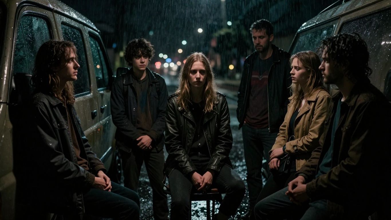 Main cast from Broker near a van at night