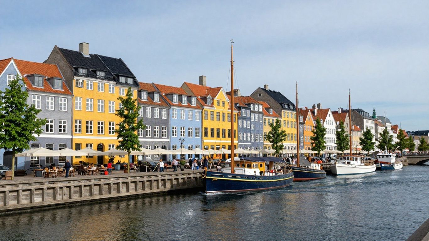 Colorful buildings along a canal in Copenhagen, Denmark.