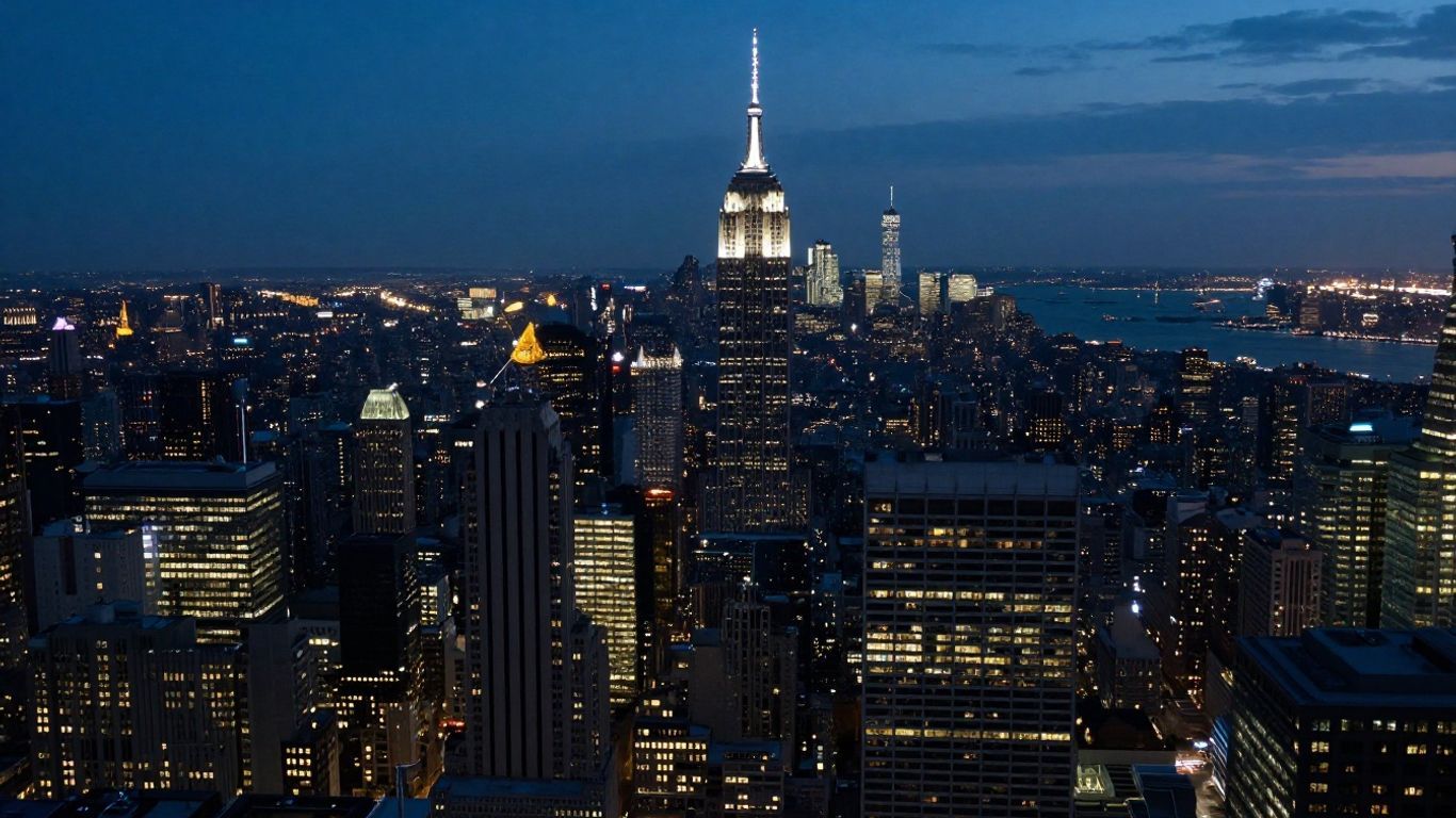 Aerial view of a major US city skyline at dusk.