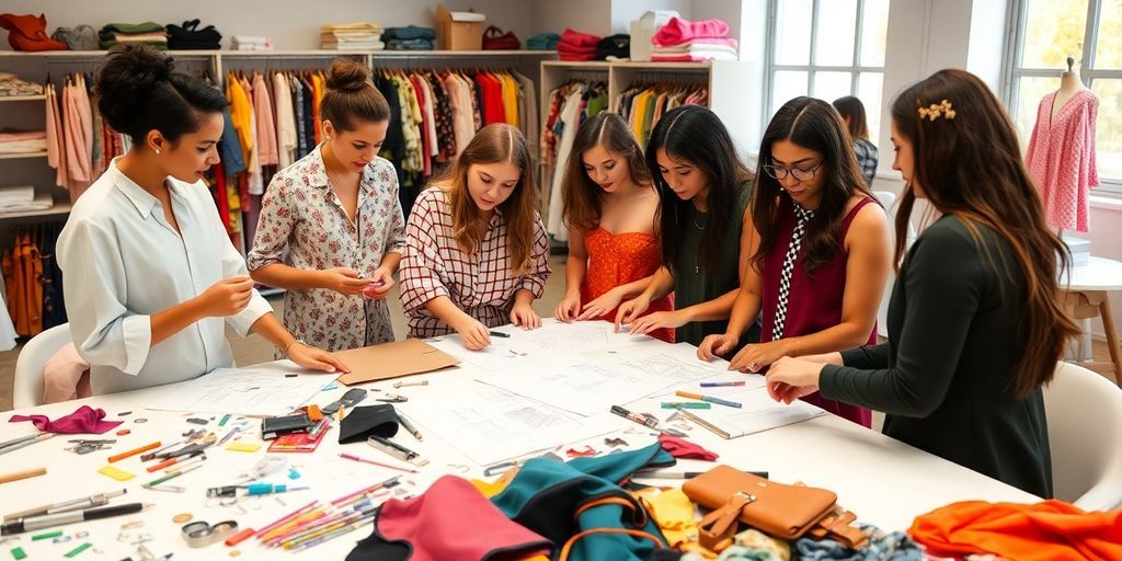 Young designers collaborating in a dynamic fashion studio.