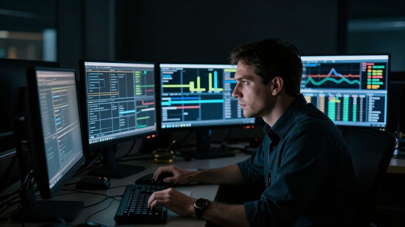 Trader working late in a dark room with glowing screens.