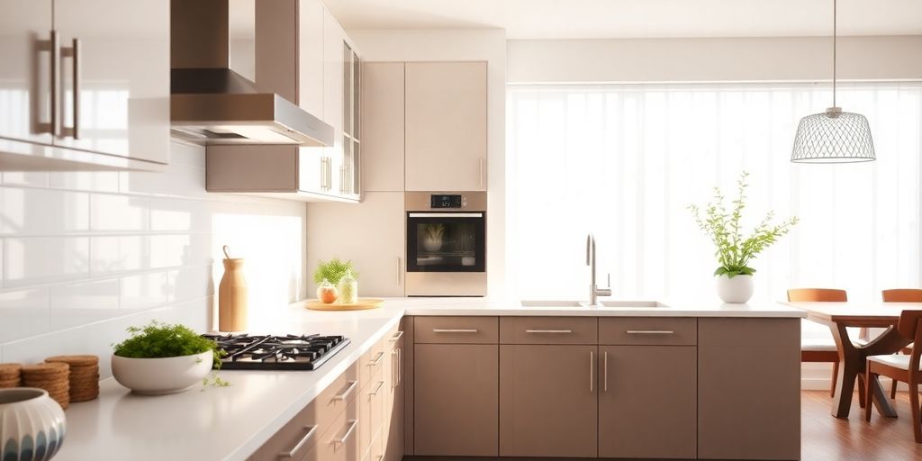 Modern kitchen with natural light and elegant design.
