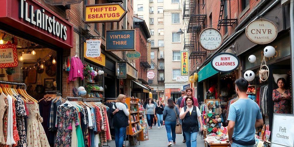Street view of thrift stores in East Village, NYC.