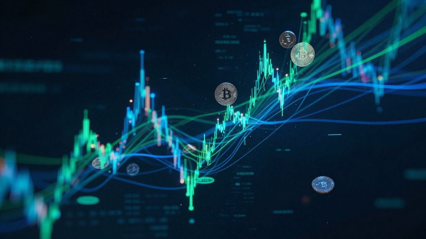 Cryptocurrency market movements with digital streams and glowing coins.