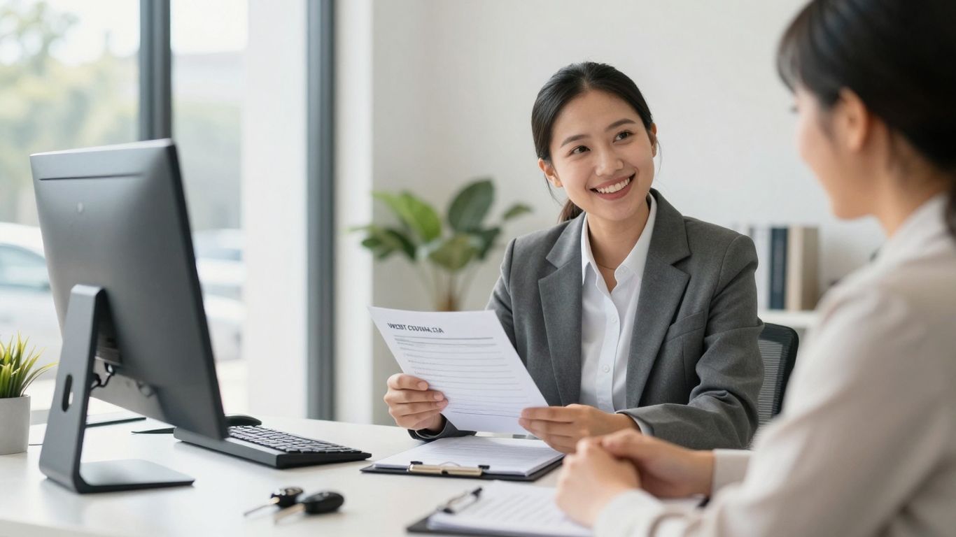 Insurance broker and client discussing car insurance in West Covina.