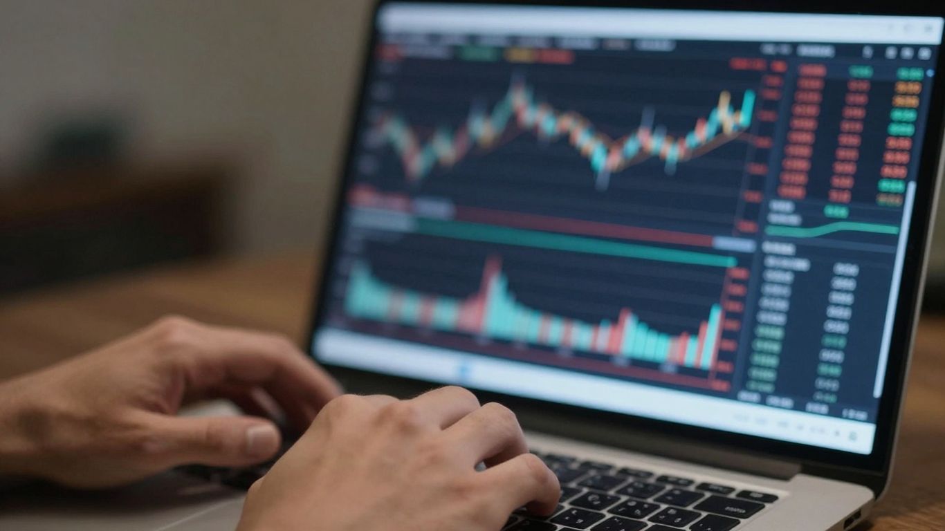 Trader's hands on laptop, abstract market data.