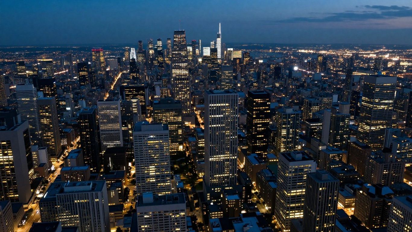 Aerial view of a vast, illuminated cityscape at dusk.