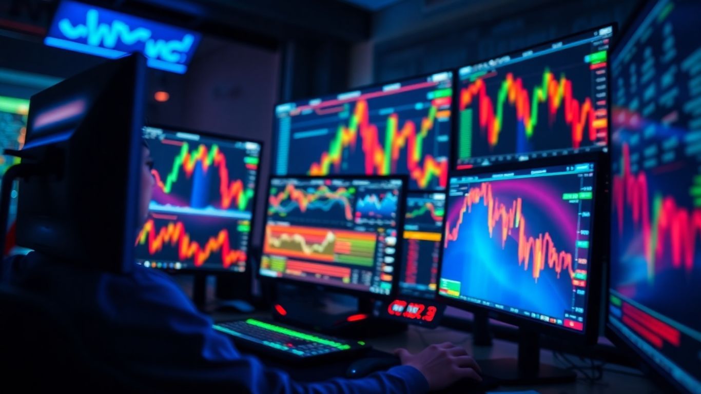 Day trading software interface on multiple monitors.