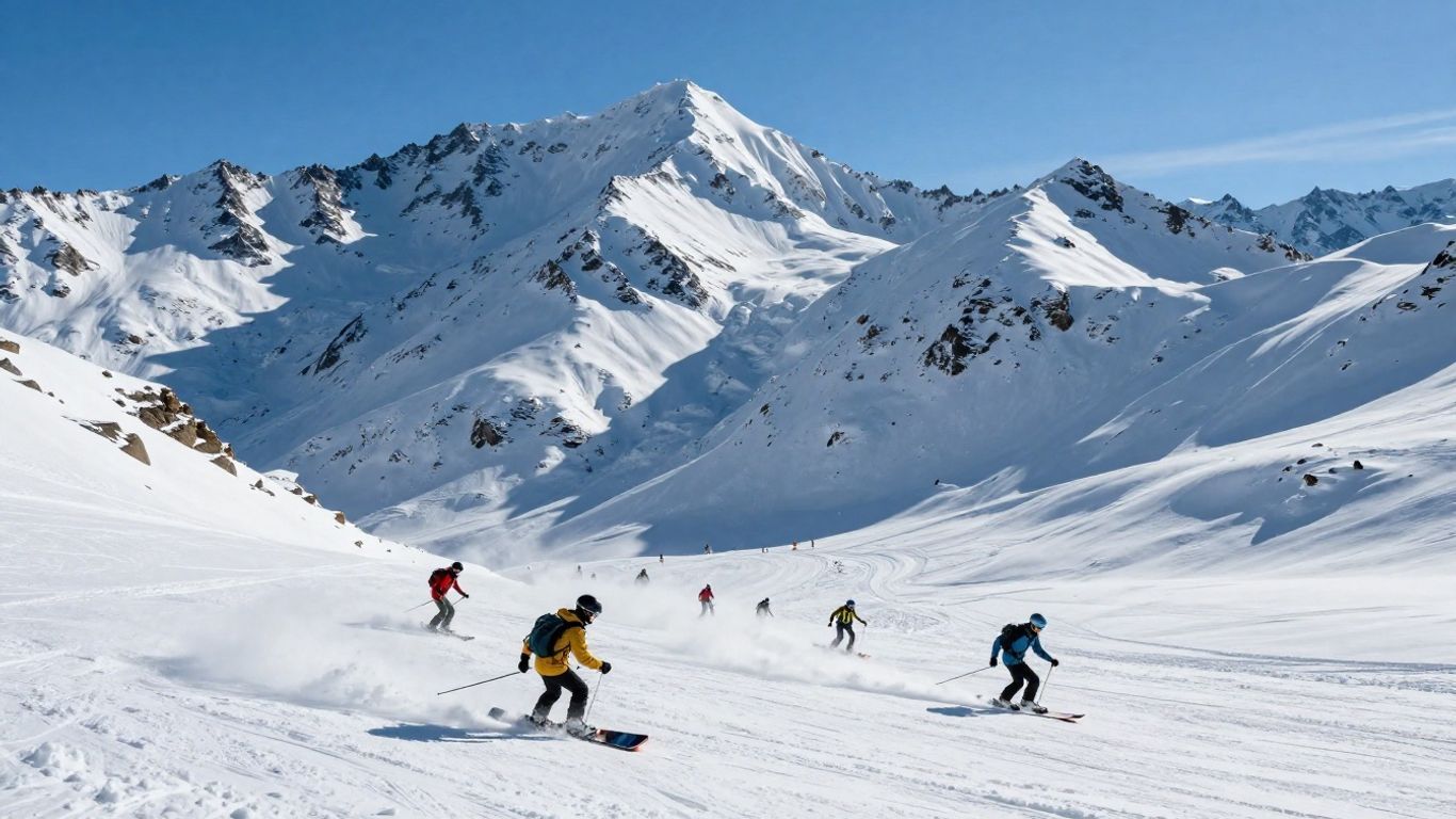 Snowy mountain slopes with skiers and snowboarders.